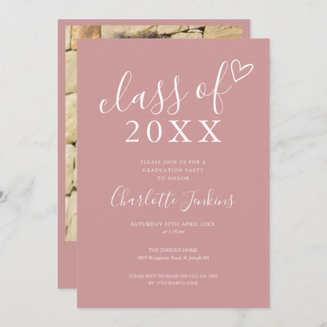 Dusty Rose Class of Script Photo Graduation Party Invitation (Front/Back)