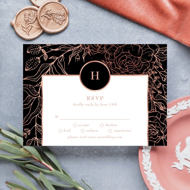 Dusty Rose Classic Gold Monogram Wreath Wedding RSVP Card (Creator Uploaded)