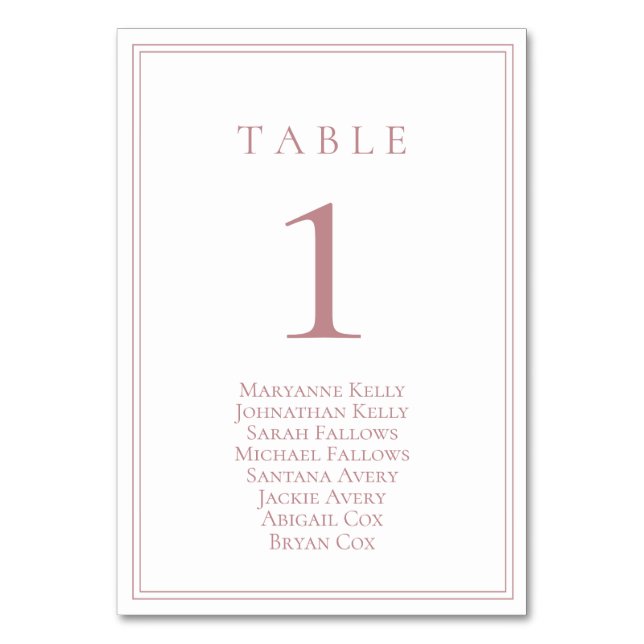 Dusty Rose Classic Table Number with Seating Chart (Back)