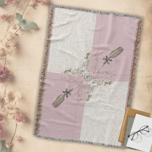 Dusty Rose Cottagecore Manuscript Woven Fringe Throw Blanket