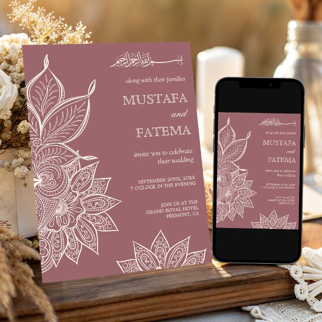 Dusty Rose Cream Mehndi Henna Muslim Wedding Invitation (Creator Uploaded)