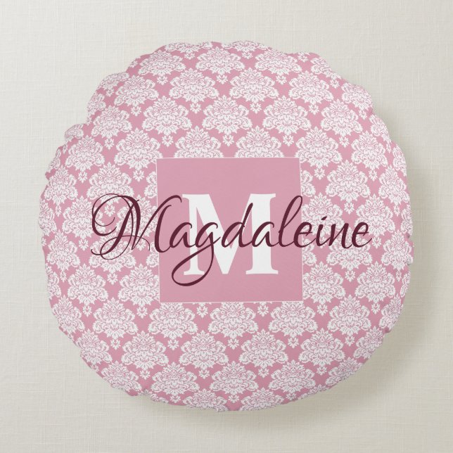 Dusty Rose Damask Accent Pillow w/ Monogram & Name (Front)
