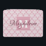 Dusty Rose Damask iPad Cover with Monogram & Name<br><div class="desc">This beautiful iPad case features a classic white damask pattern over a dusty rose background. The design is personalised with a monogram initial letter as well as a customisable name. Perfect for work or school,  or any woman who wants a pretty feminine case with a simple yet elegant design.</div>