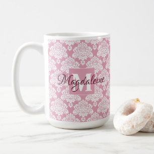 Dusty Rose Damask Mug with Monogram and Name