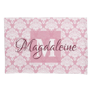 Dusty Rose Damask Pillow Case with Monogram & Name