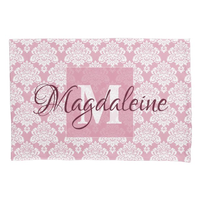 Dusty Rose Damask Pillow Case with Monogram & Name (Front)