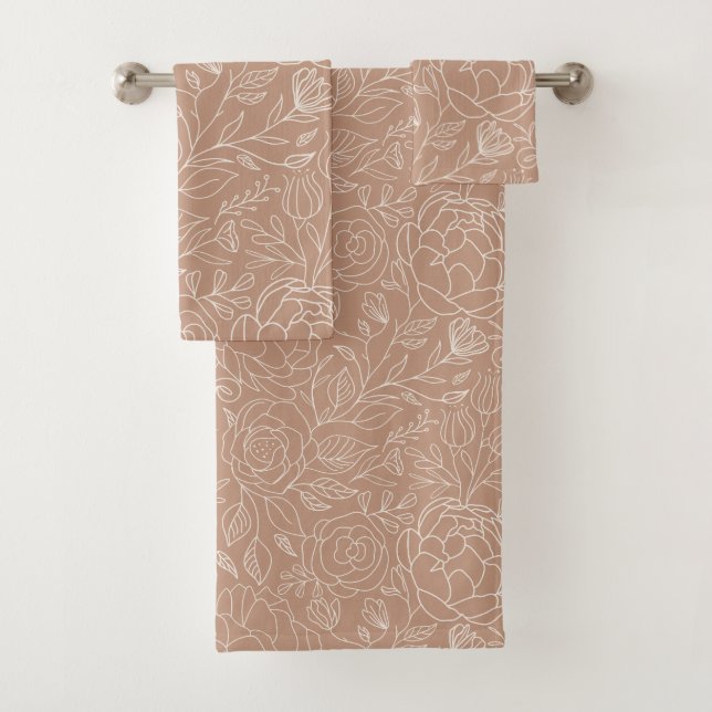 Dusty Rose Deep Pink  White Flowers Elegant Bath Towel Set (Insitu)