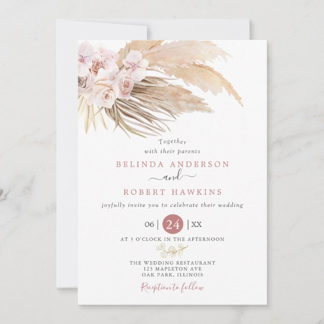Dusty Rose Desert Boho Pampas Grass Wedding Invitation (Front)