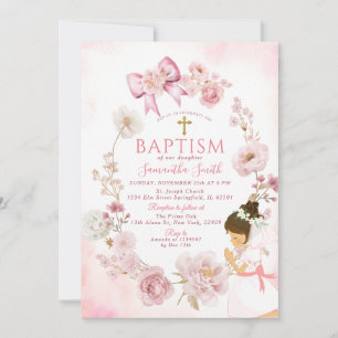 Dusty Rose Dreamy Floral Frame Cross Baptism Invitation