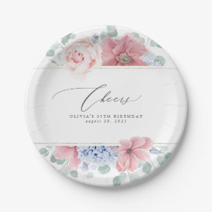Dusty Rose Dusty Blue Floral Elegant Botanical Paper Plate