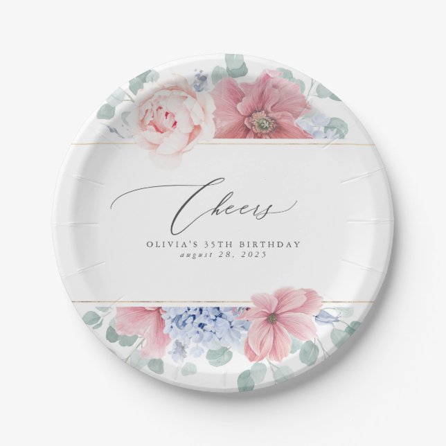Dusty Rose Dusty Blue Floral Elegant Botanical Paper Plate (Front)