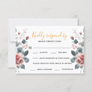 Dusty Rose Elegant 2 Meal Choice Greenery Floral RSVP Card