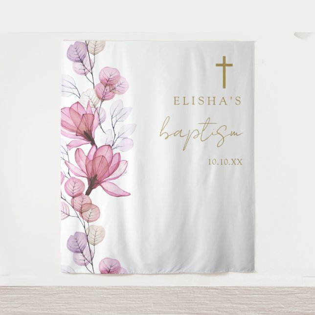 Dusty Rose Elegant Floral Baptism Photo Backdrop Tapestry (Front)