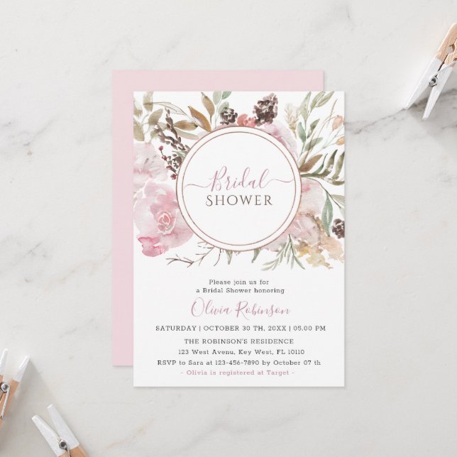 Dusty Rose Elegant Floral Bridal Shower Invitation (Front/Back In Situ)