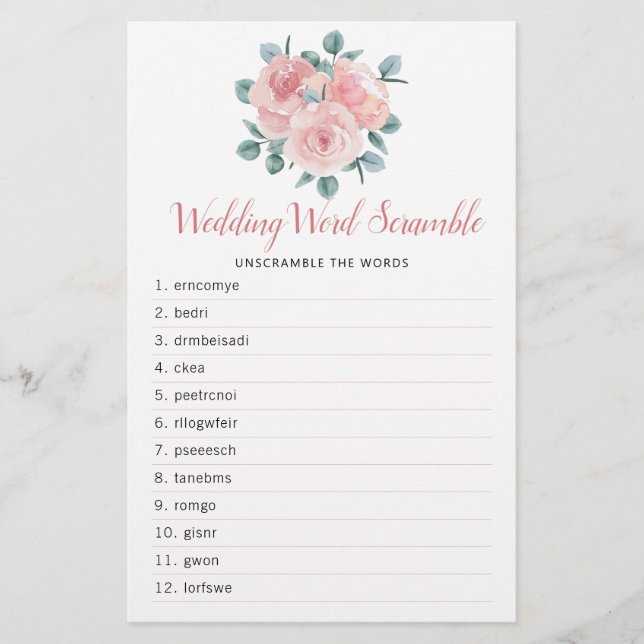 Dusty Rose Elegant Floral Bridal Shower Word Game (Front)