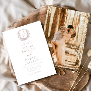 Dusty Rose Elegant Floral Crest Monogram Wedding  Invitation