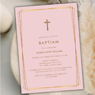 Dusty Rose Elegant Gold Typography Cross Baptism Invitation