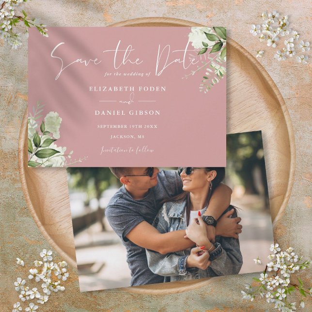 Dusty Rose Elegant Greenery Floral Photo Wedding Save The Date (Dusty Rose Elegant Greenery Floral Photo Wedding Save The Date)
