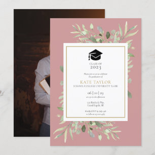 Dusty Rose Elegant Greenery Photo Graduation Party Invitation