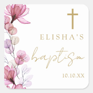 Dusty Rose Elegant Modern Floral Baptism Square Sticker