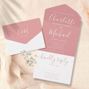 Dusty Rose Elegant Modern Script Wedding All In One Invitation