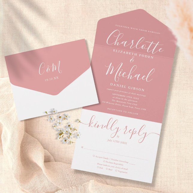 Dusty Rose Elegant Modern Script Wedding All In One Invitation (Creator Uploaded)