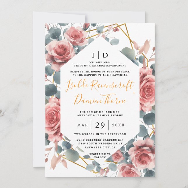 Dusty Rose Elegant Pink Mauve Gold Floral Wedding Invitation (Front)