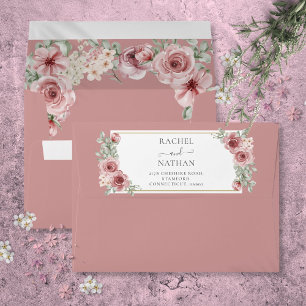 Dusty Rose Elegant Roses Floral Wedding Envelope