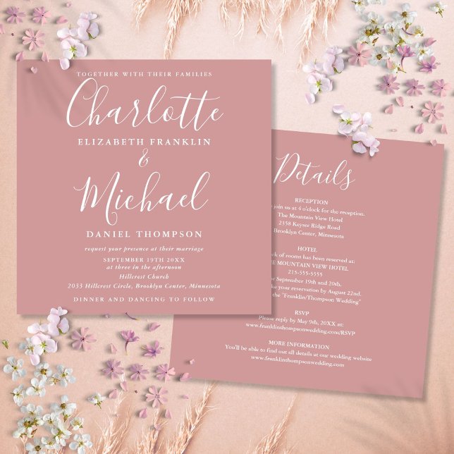 Dusty Rose Elegant Script All In One Wedding Invitation (Dusty Rose Elegant Script All In One Wedding Invitation)