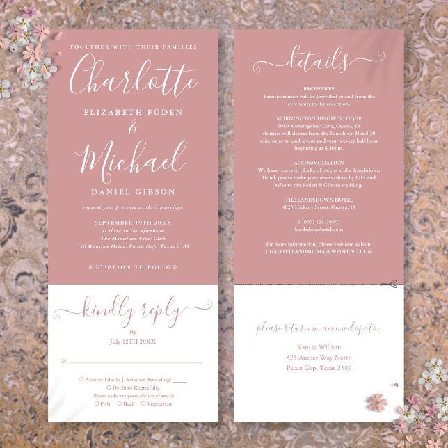 Dusty Rose Elegant Script All In One Wedding Invitation (Dusty Rose Elegant Script All In One Wedding Invitation)
