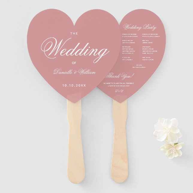Dusty Rose Elegant Script Heart Wedding Program Hand Fan (Front and Back)