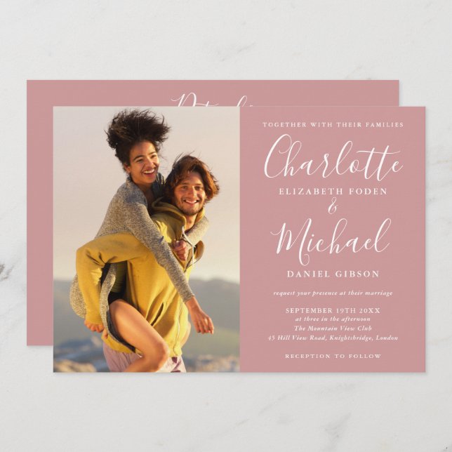 Dusty Rose Elegant Script Photo Wedding All In One Invitation (Front/Back)