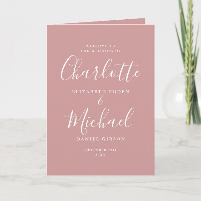 Dusty Rose Elegant Signature Script Wedding Programme (Front)