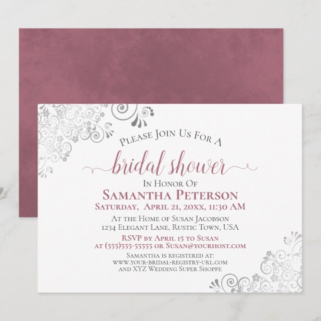 Dusty Rose Elegant Silver Lace White Bridal Shower Invitation (Front/Back)