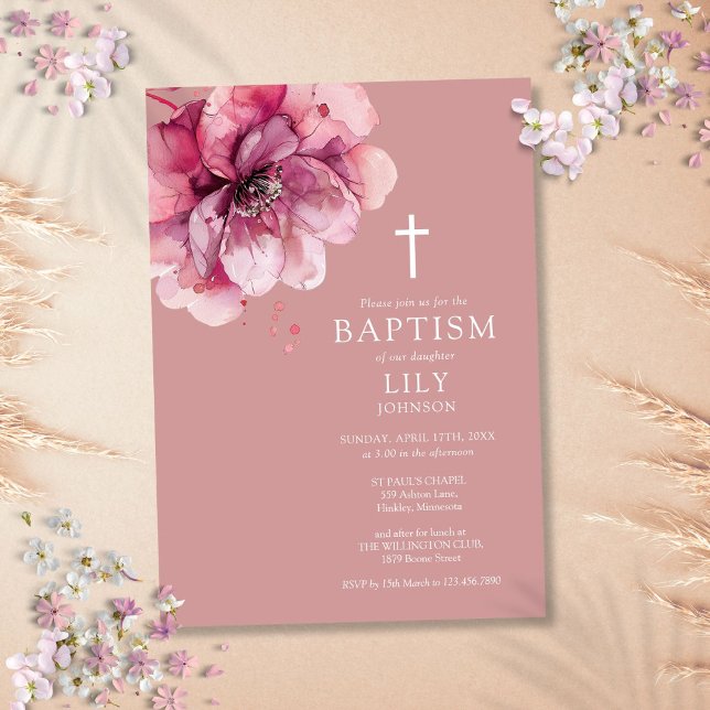 Dusty Rose Elegant Watercolor Floral Baptism Invitation (Dusty Rose Elegant Watercolor Floral Baptism Invitation)