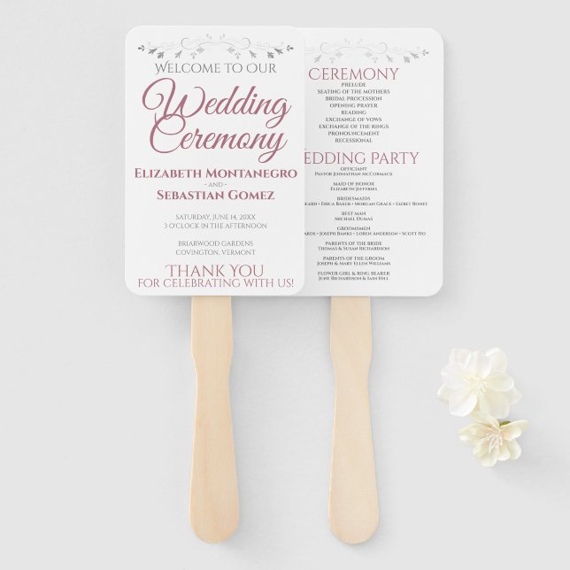 Dusty Rose Elegant White Wedding Fans with Program (Front and Back)