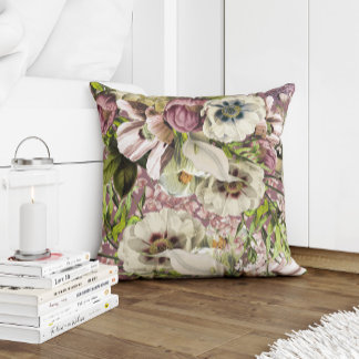 Dusty rose emerald green and white grey flowers cushion