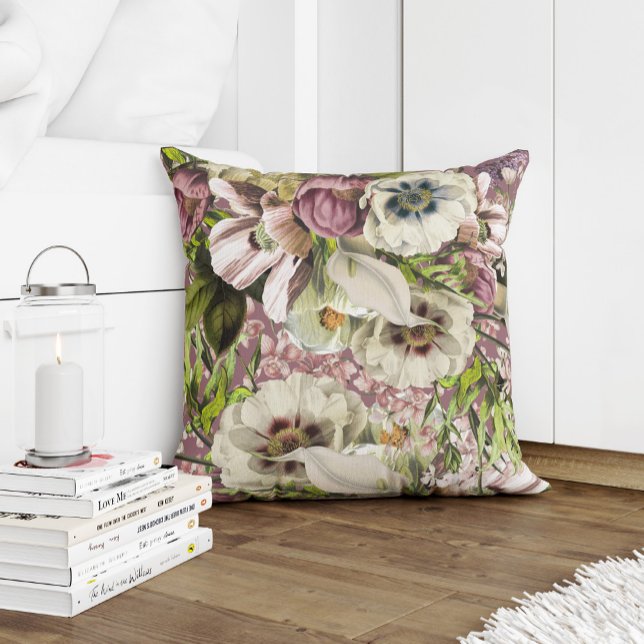 Dusty rose emerald green and white grey flowers cushion (Creator Uploaded)