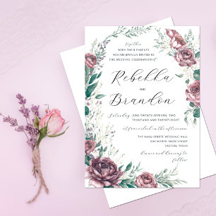 Dusty Rose Emerald Green Peony Flowers Wedding Invitation