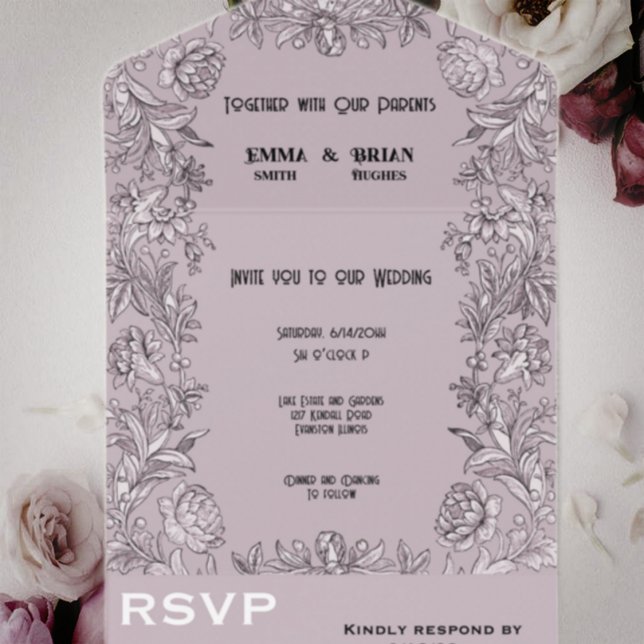 Dusty rose etched floral All in One Wedding Invite (Creator Uploaded)