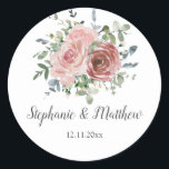 Dusty Rose Eucalyptus Botanical Floral Wedding Classic Round Sticker<br><div class="desc">These wedding stickers feature watercolor dusty roses, flowers and eucalyptus leaves. Personalise them with your names and wedding date. These stickers are ideal for use as envelope seal stickers or for decorating wedding favours. These stickers are part of a collection which includes a range of matching wedding stationery. Please visit...</div>