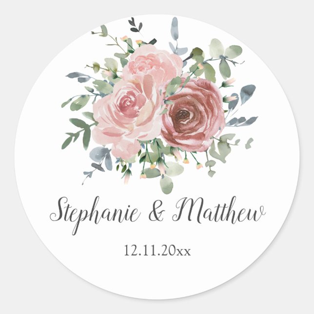 Dusty Rose Eucalyptus Botanical Floral Wedding Classic Round Sticker (Front)
