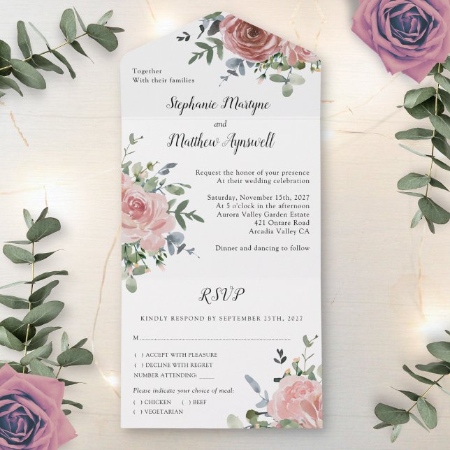 Dusty Rose Eucalyptus Botanical Wedding All In One Invitation (Creator Uploaded)