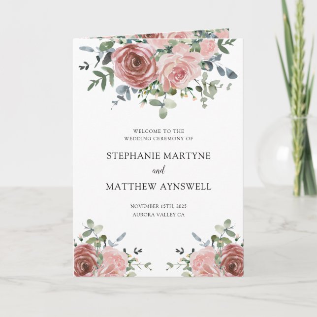 Dusty Rose Eucalyptus Botanical Wedding Program Programme (Front)