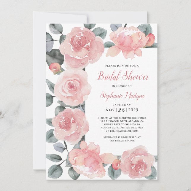 Dusty Rose Eucalyptus Elegant Floral Bridal Shower Invitation (Front)