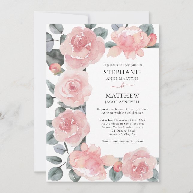 Dusty Rose Eucalyptus Elegant Floral Wedding Invitation (Front)