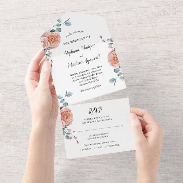 Dusty Rose Eucalyptus Floral Botanical Wedding All In One Invitation (Tearaway)