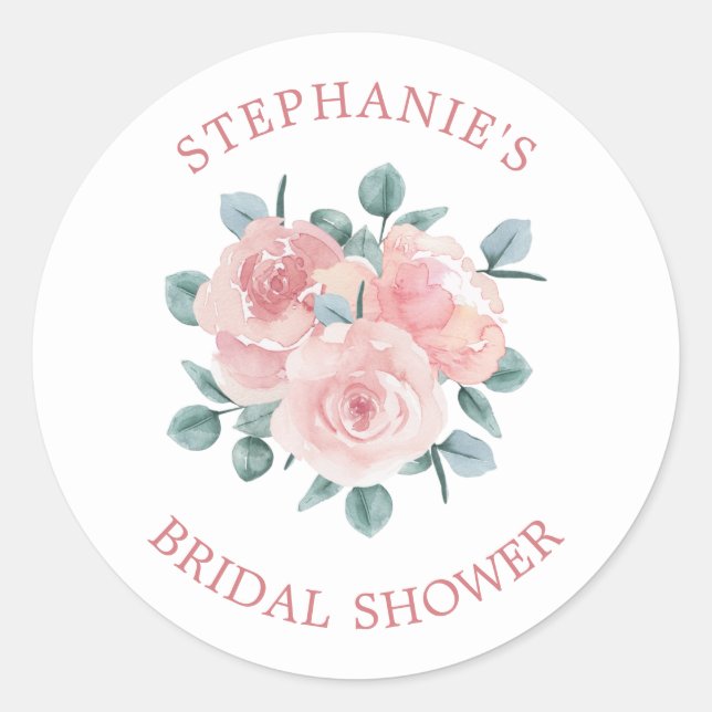 Dusty Rose Eucalyptus Floral Bridal Shower Classic Round Sticker (Front)