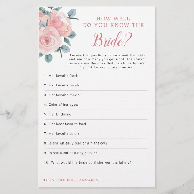 Dusty Rose Eucalyptus Floral Bridal Shower Game (Front)