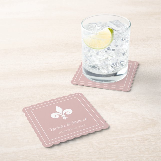 Dusty Rose Fleur de Lis Wedding Paper Coasters (Insitu)